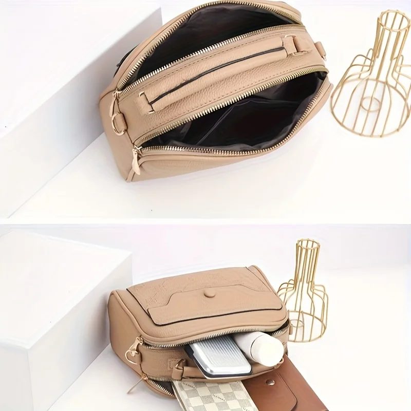 Women's Synthetic Leather Messenger Bag with Detachable Strap, Multi Layer Compartments, Chic Crossbody Purse for School, Travel