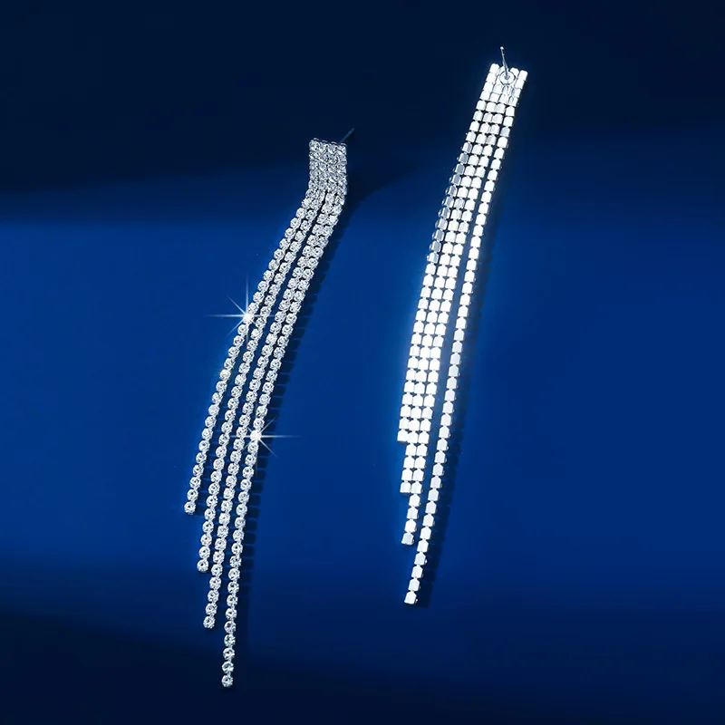 Treazy glänzend 4 Linien Strass Kristall Quaste lange Ohrringe für Frauen Hochzeits feier hängen baumeln Ohrringe Braut Brincos – Detail 3