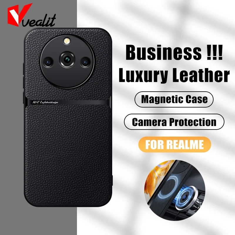

Luxury Leather Magnetic Phone Case For Realme 12 11 10 Pro Plus Camera Protection Shockproof Bumper Silicone Business Back Cover