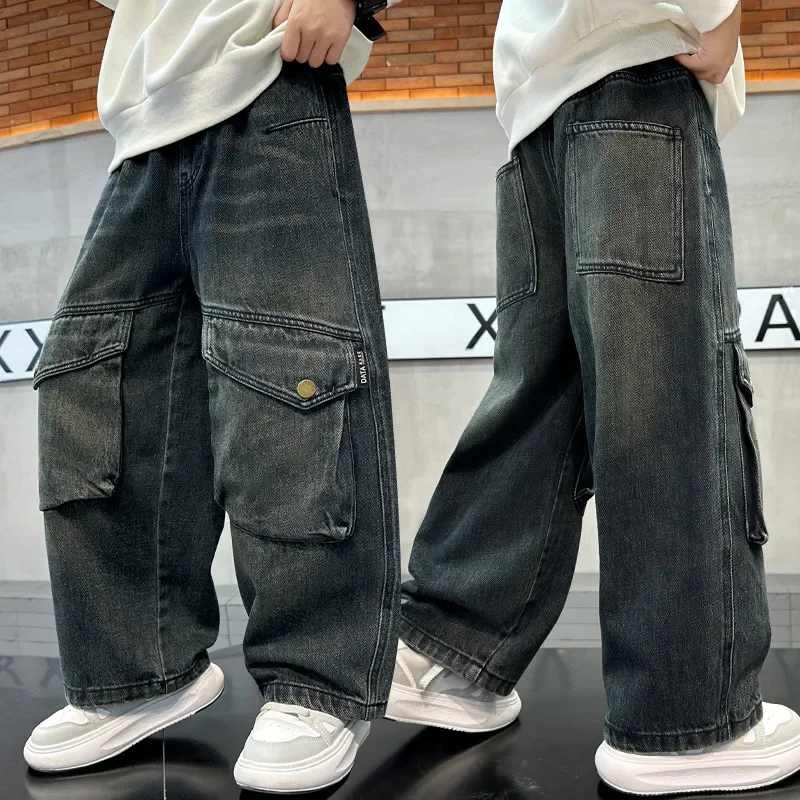 아동 가을 겨울 바지 남아 플리스 청바지 2025 봄 신상 십대 어린이 스트레이트..