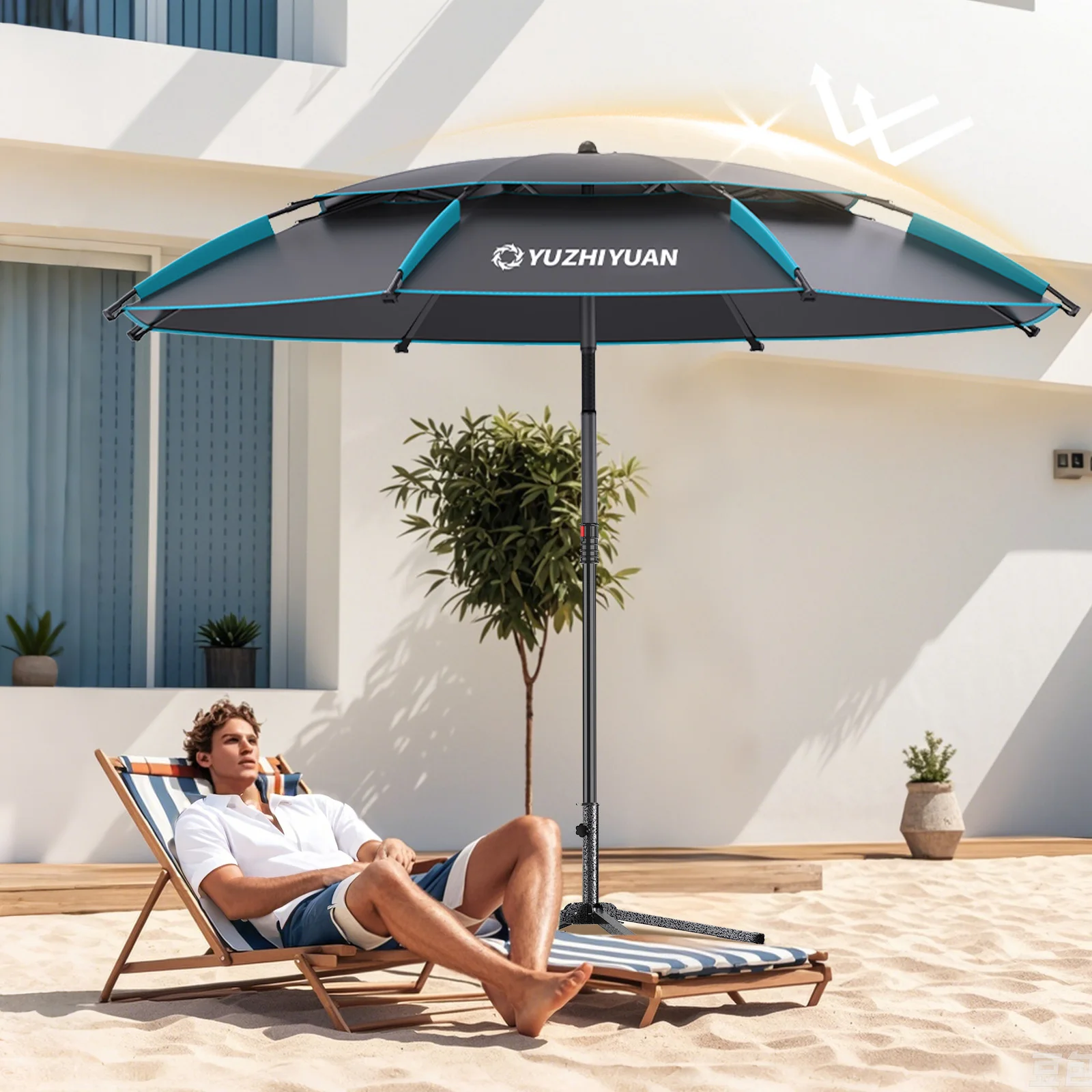 Parapluie de pêche UPF50+ noir colle - Protection 360° ajustable portable avec sac de transport
