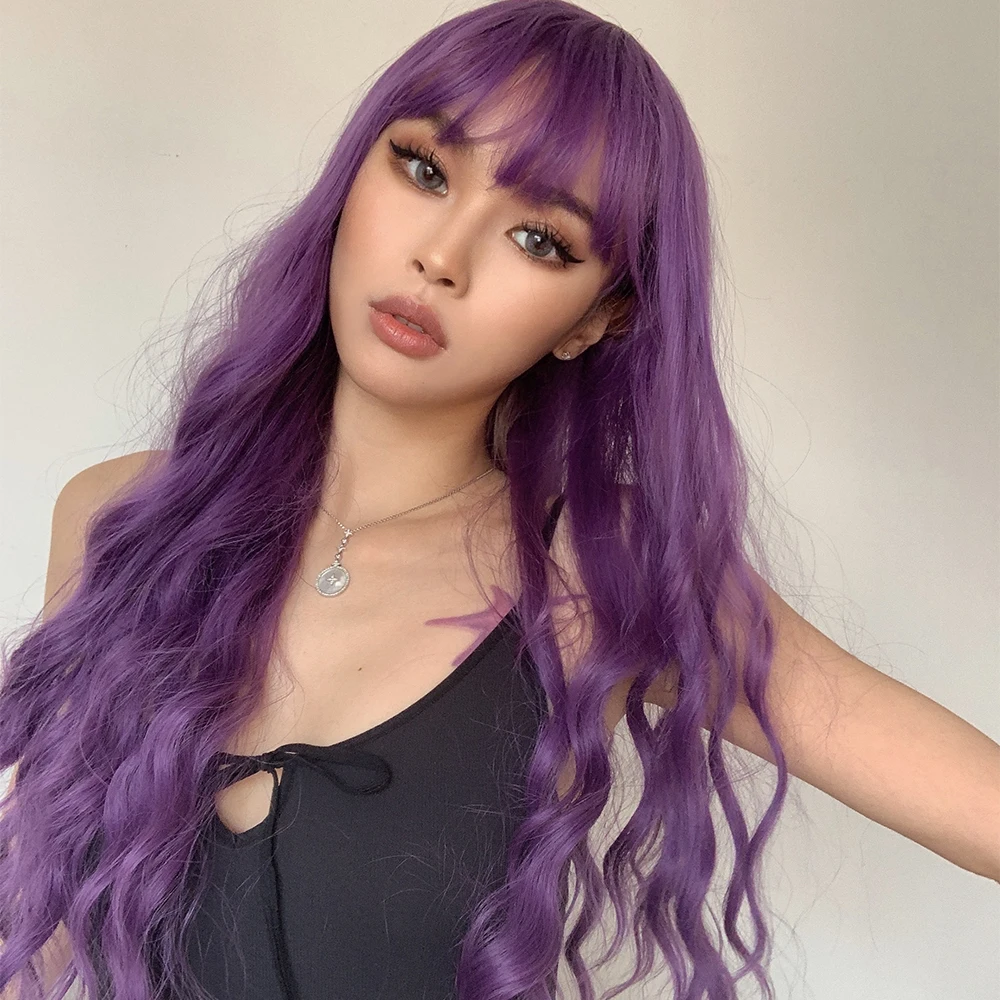 EASIHAIR Parrucche sintetiche lunghe e ondulate viola con frangia per donne Parrucca colorata per feste di cosplay di Halloween Fibra resistente al calore_voghion.com
