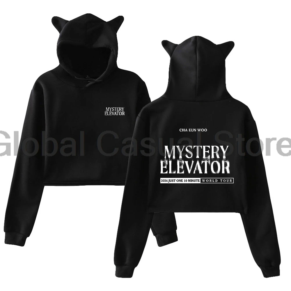 

Cha Eun Woo Just One 10 Minute Mystery Elevator Tour 2024 Pullover Cat Ears Hoodie Long Sleeve Crop Top Women's Clothes