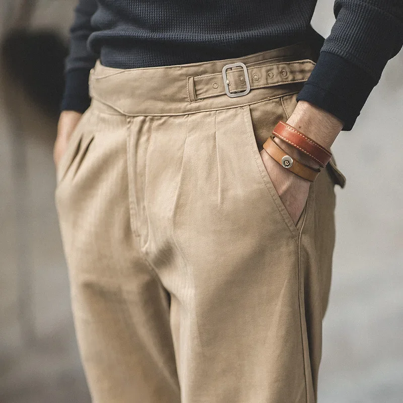 Maden Pantaloni Gurkha vintage kaki Pantaloni da lavoro cargo casual a vita alta regolabili Pantaloni dritti classici da uomo Primavera e autunno 4