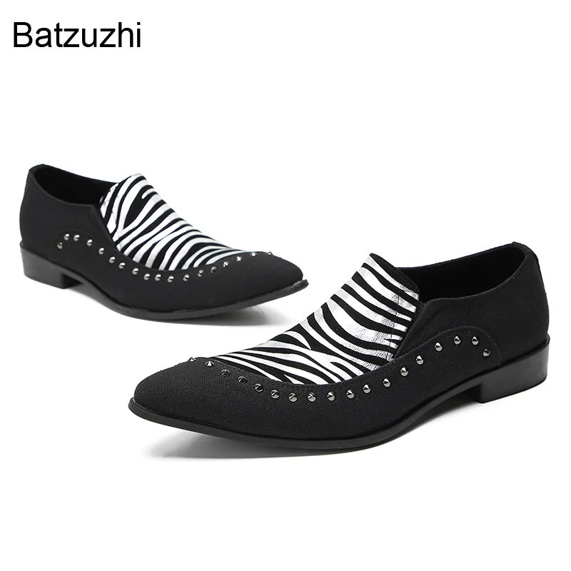 Batzuzhi New Design Shoes Men Black Zebra-stripe Leather Dress Shoes Men Slip on Formal Business, Party Shoes Man,Big Size 37-47