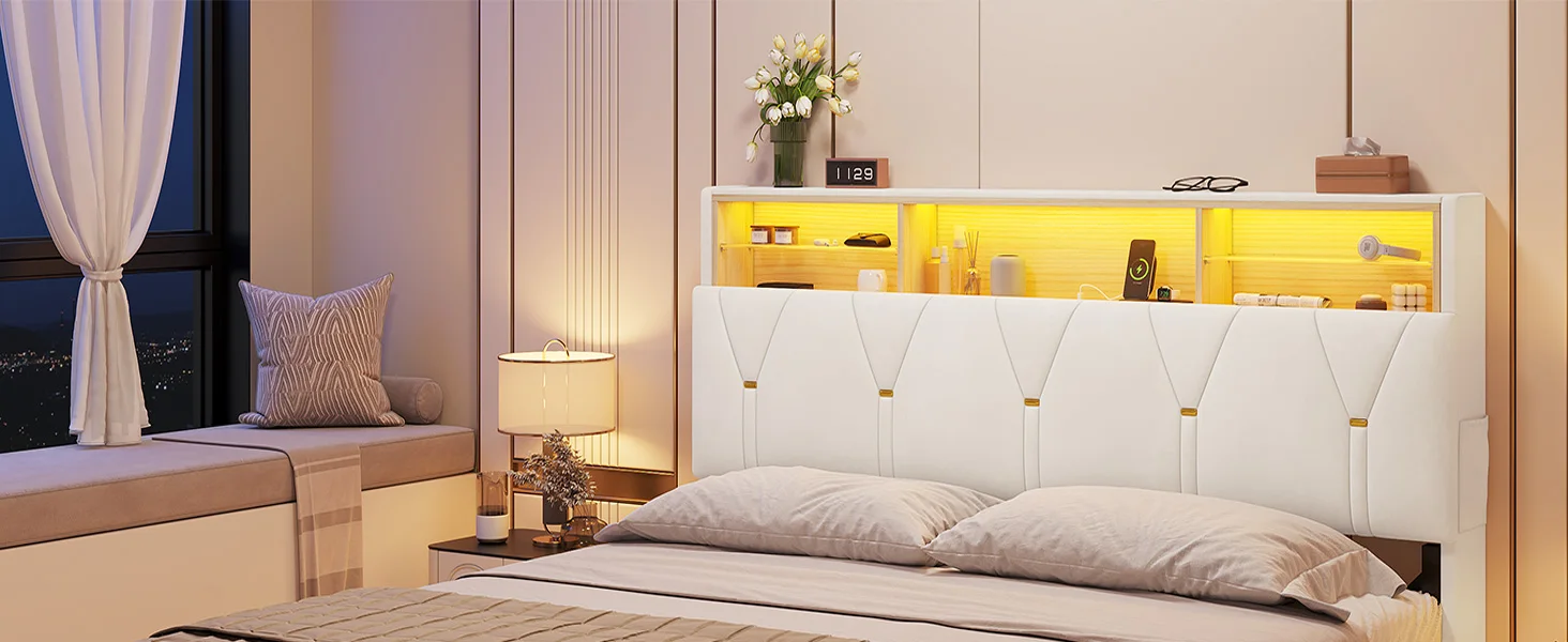 Description Picture 2 of itemLED Bed Frame with Type-C & USB Charging Station,Bed Frame with Storage Headboard,Modern Velet Upholstered Platform Bed with
