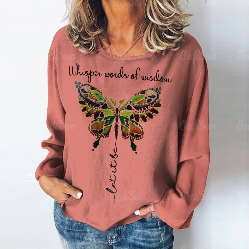 

Butterfly letter Print Fashion Street Women's T-shirts Casual Long Sleeves Loose Pullover Autumn Cotton Women Clothing Tops