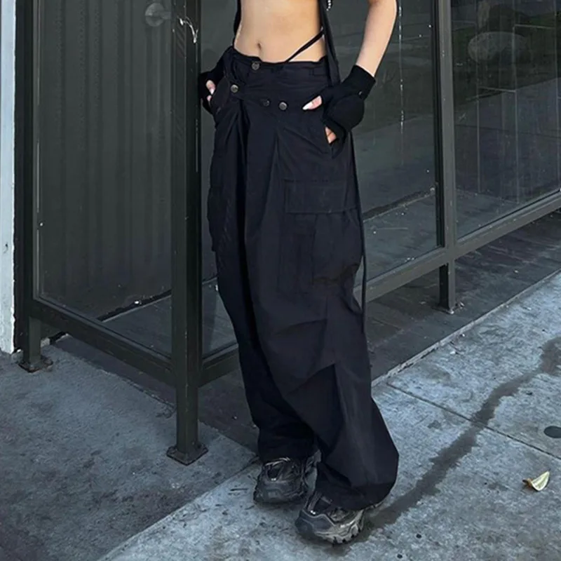 

High Street Motorcycle Workwear Fashion Design Pocket Button Low Waist Slim Loose Wide Leg Pants