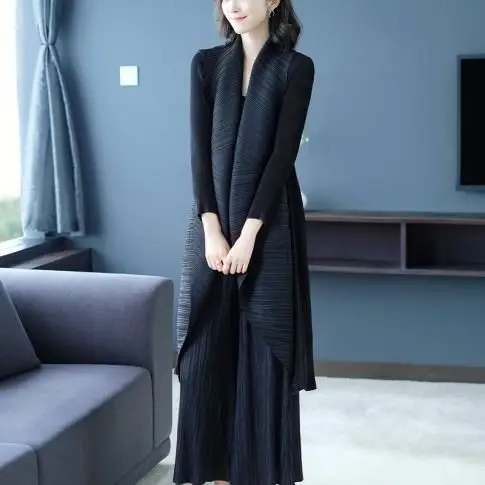 Luxury Pleated Coat New Turn Down Collar Long Sleeve Mid-length Trench Coat Oversized Windbreaker Cardigan High-end Chic Jackets