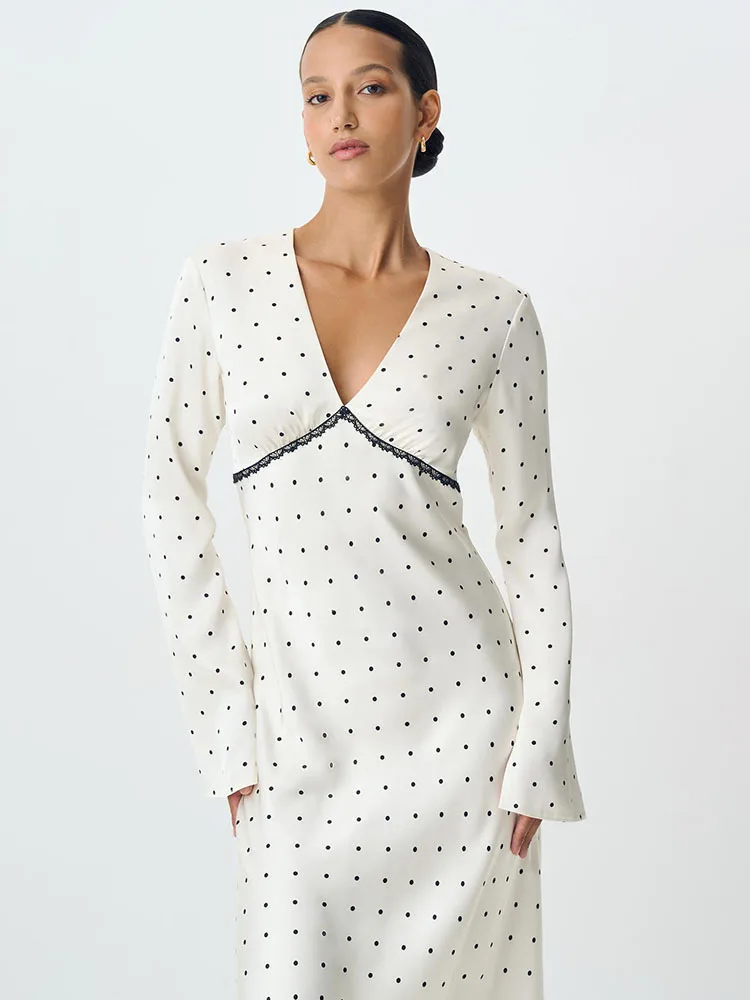 Blifanbo Moda Raso Polka Dot Stampa Maxi Abito Donna Autunno Scollo a V Manica lunga Aderente Patchwork Club Party Abito da sera Nuovo 3