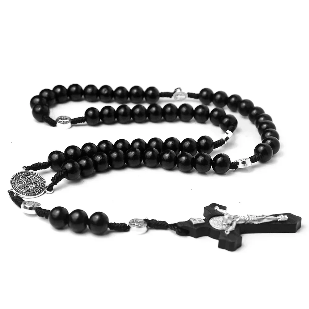 Catholic Wood Beaded Pendant Necklace For Women Men Christian INRI Crucifix Cross Long Chain Religion Prayer Jewelry