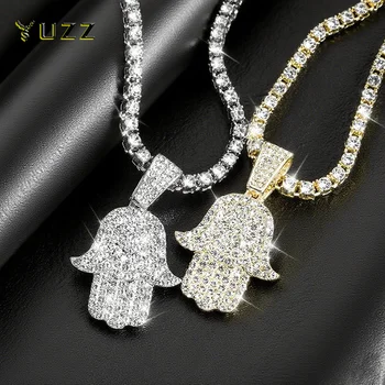 Men's Women Hip Hop Hamsa Hand Pendants Necklaces With 4mm Crystal Tennis Chain Punk  Rapper Jewelry Hiphop Style Couple Gifts 1