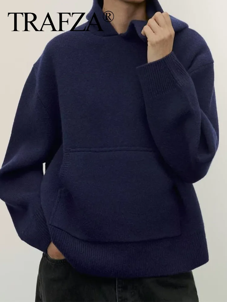 

TRAFZA Female New Chic Pocket Decoration Sweater Long Sleeve Hoodies Oversize Knit Loose Pullovers Women Autumn Hooded Wool Tops