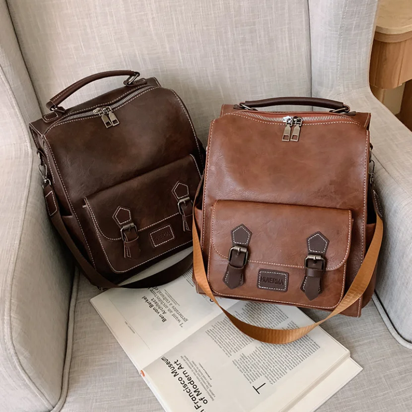 2023Trendy Women's Backpack Vintage Pu Leather Daypack Brown Female Casual And Travel Bag Retro Student School Bags For Women