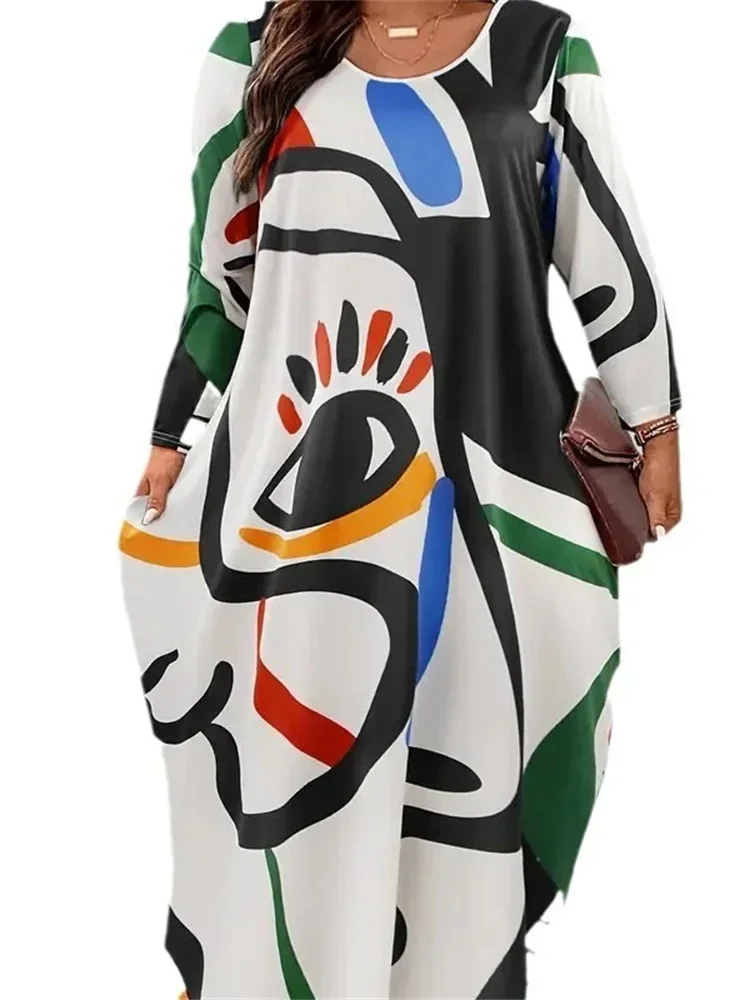 Wmstar Plus Size  Dresses for Women Elegant Printed Long  Sleeve Breasted Plaid Loose Dress Fall Clothes Wholesale Dropshipping