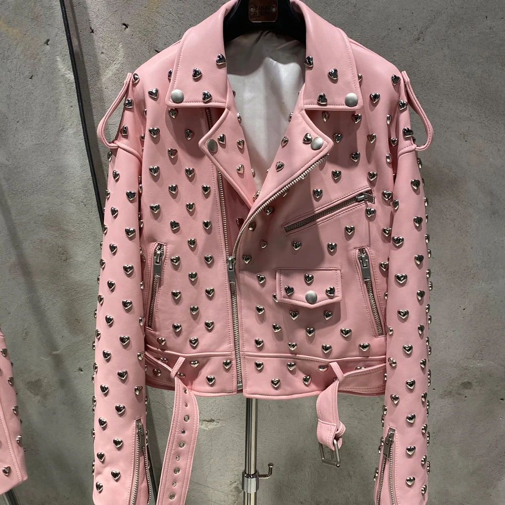 Heart Rivet Leather Jacket Ladies Real Sheepskin Coat Genuine Sheep Leather Biker Jacket 20325