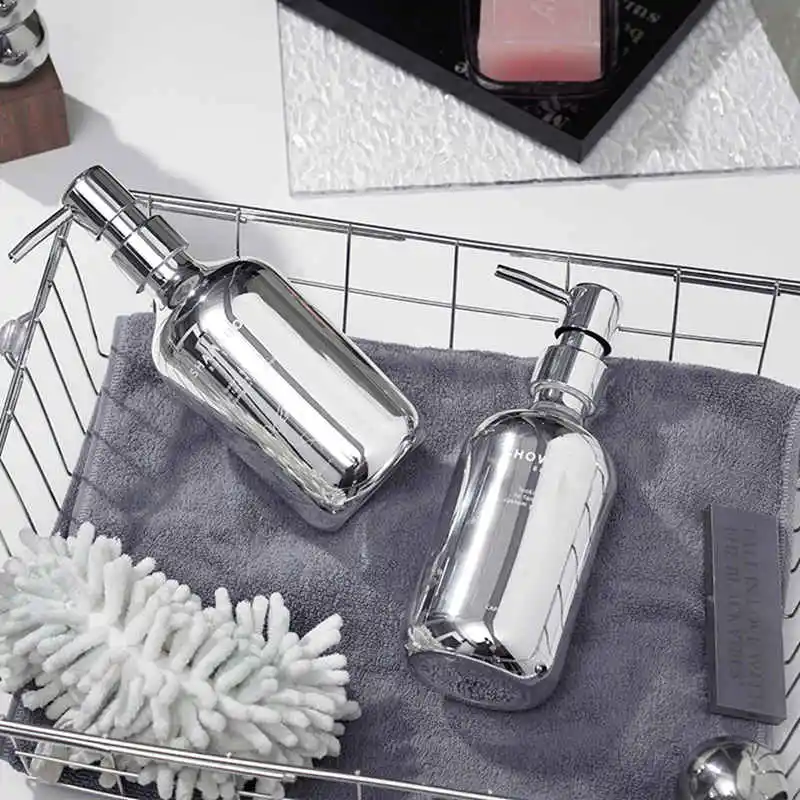 500ml Pump Silver Refillable Bottles Mirror Polished Shampoo Shower Gel Home Bathroom Dispenser Stable Anti Slip Beauty Health