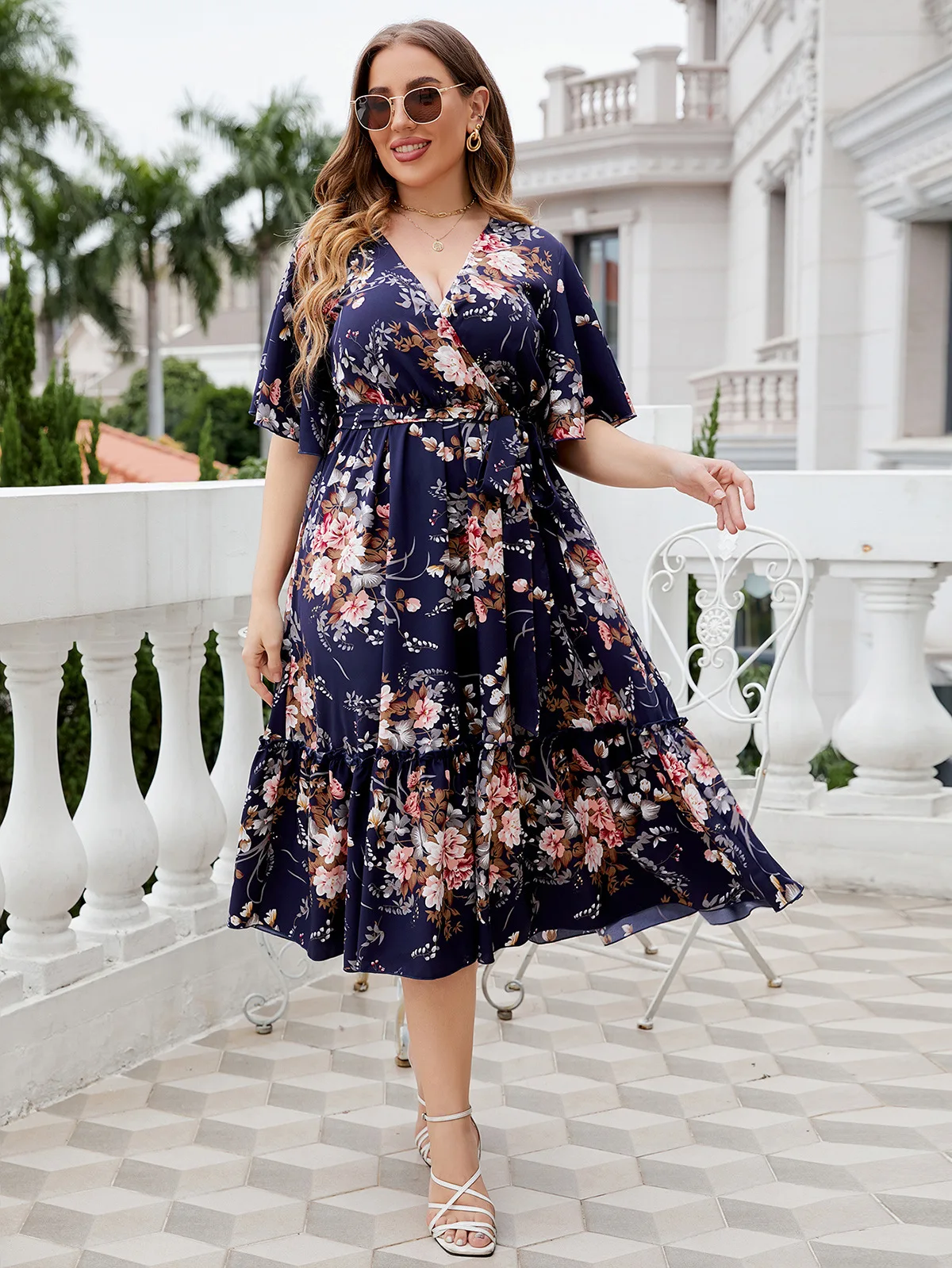 Plus Size Casual for Women 2023 Female V Neck Floral Print Ruffles Boho Beach Sundress - AliExpress