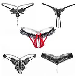 Sexy Pearl Beaded T-shaped Pants Underwear Women Lace Hollow Out Butterfly Embroidered G String Underpants are Open Summer New