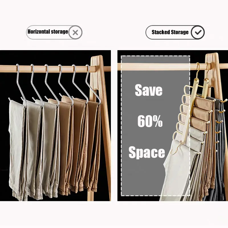 Clothes hangers plastic hanger 6 in 1 Magic Pants Hanger Multi-function Storage Holder for Home Travel Multi Layer Aluminium Pants Rack with 360 Rotatable Hook