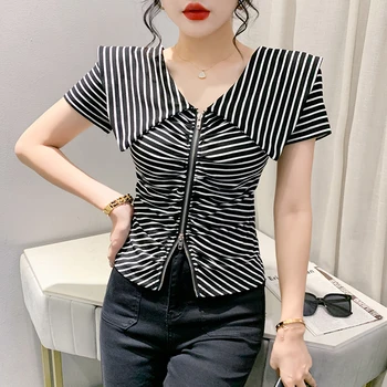 여성용 V넥 세일러 칼라 더블 지퍼 스트라이프 상의, 반팔 티셔츠, 시크하고 섹시한 유럽 의류, 2023 여름 신상 35145