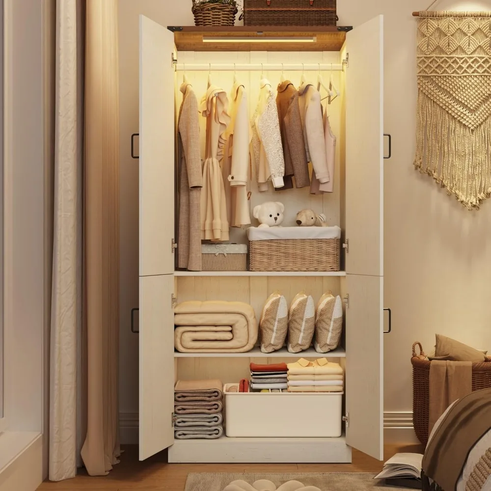 75" Tall Farmhouse 2 Doors Armoire Wardrobe Closet with LED,Freestanding Closet Wardrobe Cabinet for Bedroom with Hanging Rod 4