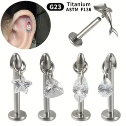 ASTM F136 Titanium 16G Screw on Flatback Stud Hypoallergenic Zircon Dangle Cartilage Earring Body Piercing Jewelry