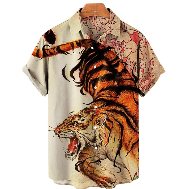 

Animal Tiger Hawaiian Shirt Men Clothing 3d Printed Fierce Beast Blouse Street Casual Short Sleeved Tops Oversized Lapel Shirts