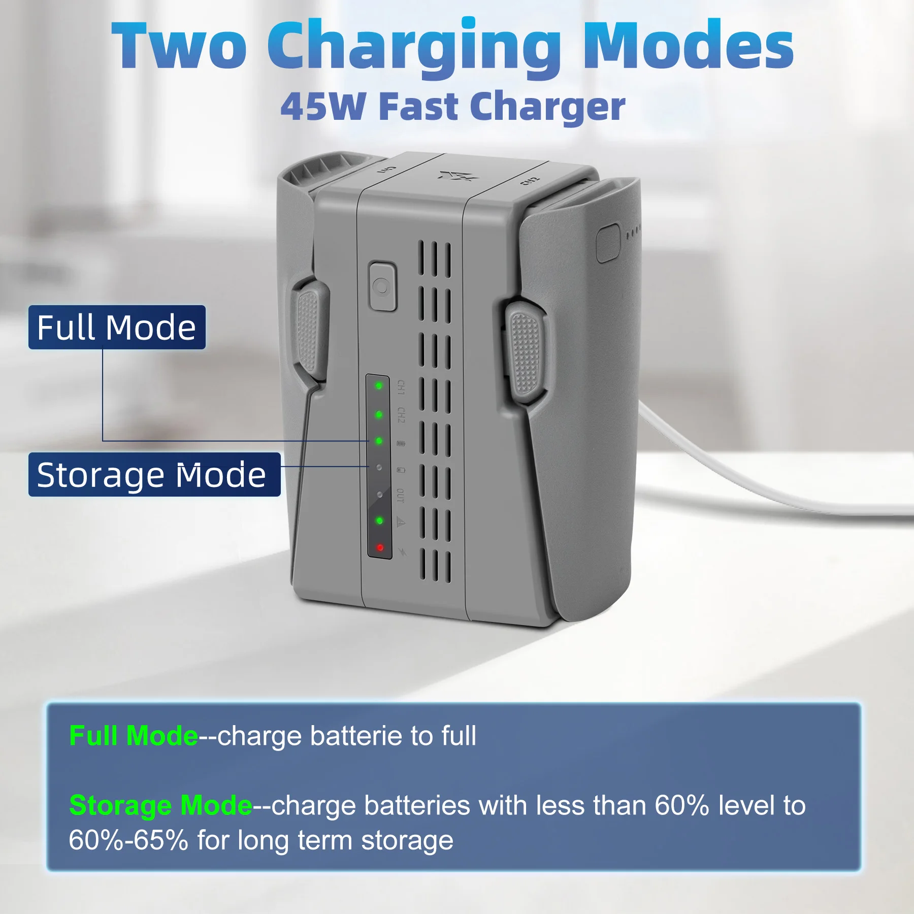 Chargeur Hub Double Canal pour Batterie DJI Neo 2 ouvert avec batterie insérée, LED indiquant la charge, recharge rapide et sûre.