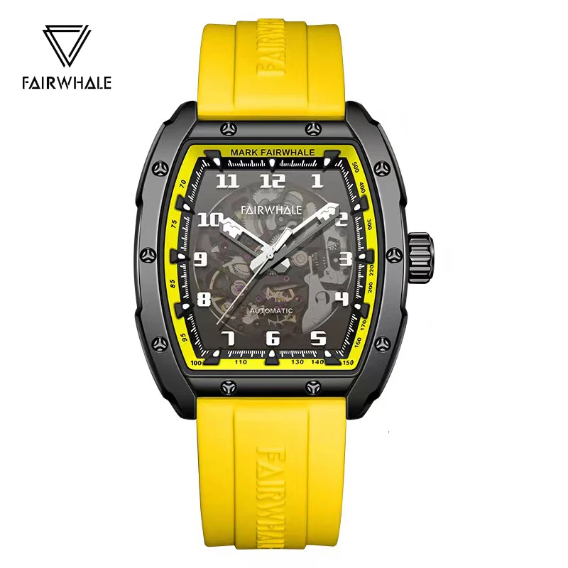 New Automatic Watches for Men Yellow Sport Silicone Strap Luminous Man Watch Stainless Steel Tonneau Case Mechanical Wristwatch automatic retractable awning 600x350 cm yellow and white