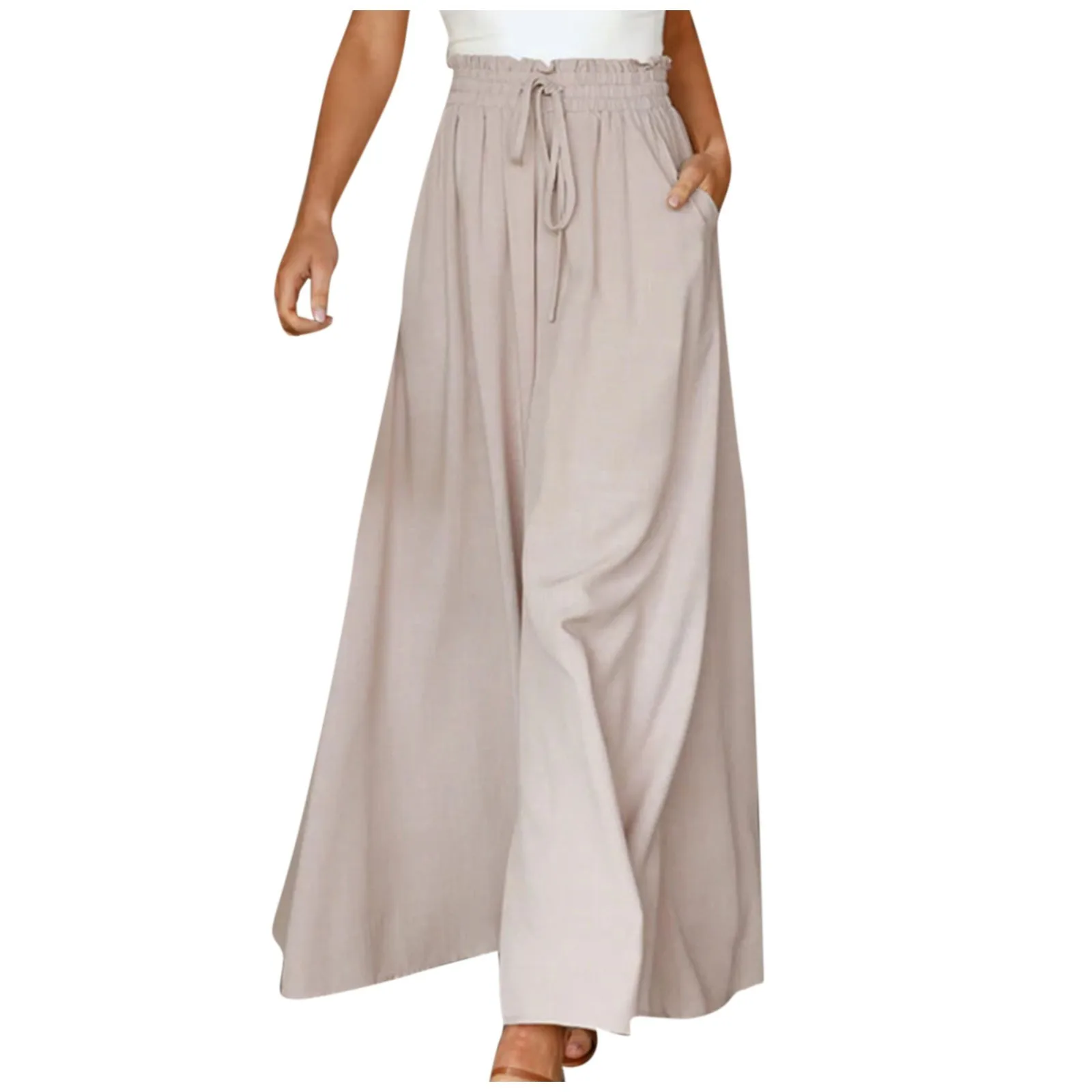 

Women's Solid Color Trousers Elastic Belt Wide Leg High Waist Long Culottes pantalones holgados mujer calça feminina السراويل