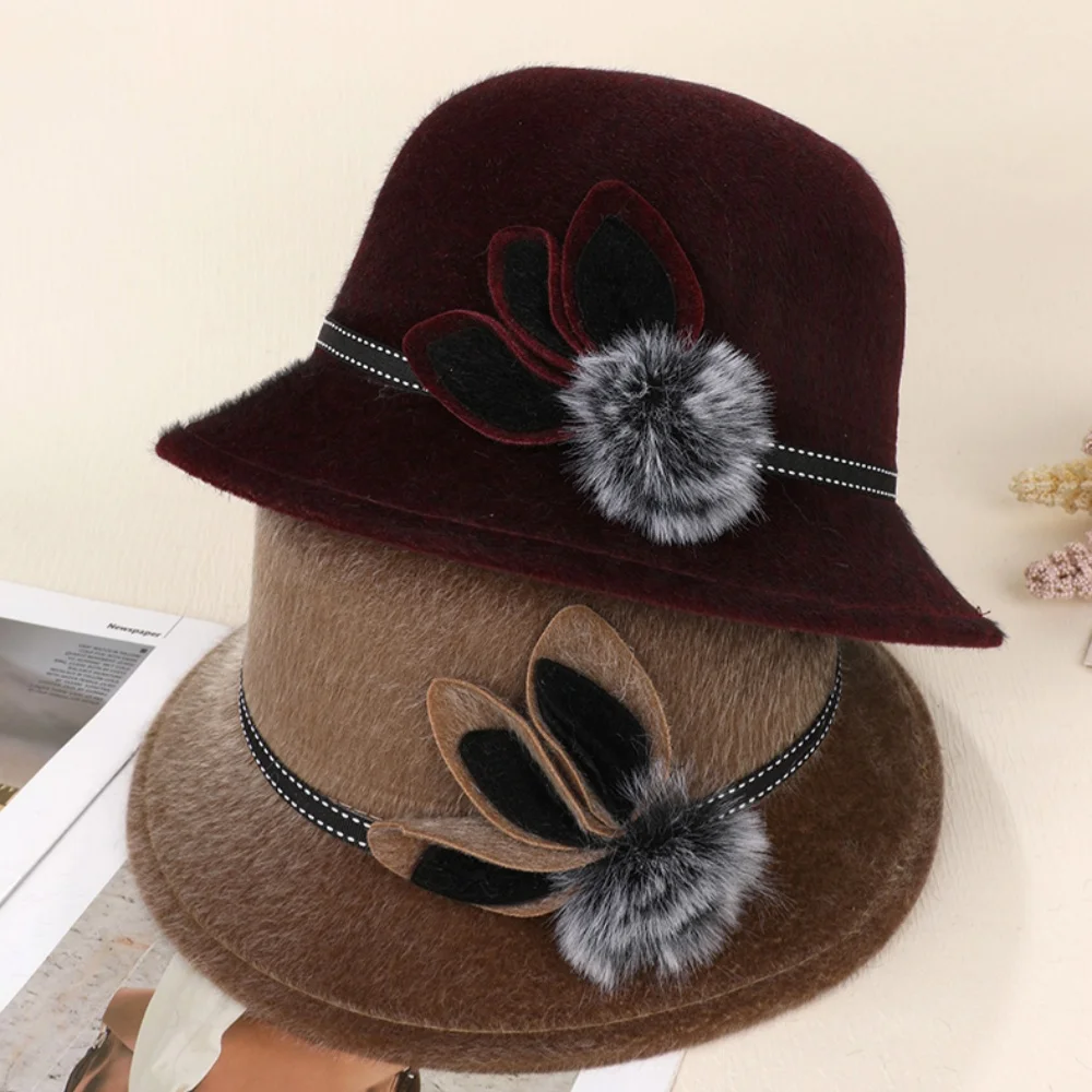 Women Vintage Woolen Felt Bucket Hats Fashion Elegant Wine