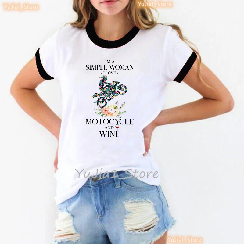 Ich bin eine einfache Frauen Ich liebe Motorrad und Wein Grafik druck T-Shirt Mädchen lustige rosa/grün/grau/gelb T-Shirt Femme – Detail 6