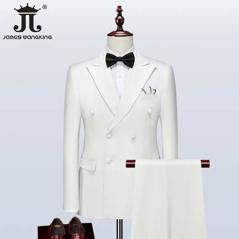 ( Jacket + Vest + Pants ) Black White Double Breasted British Style Gentleman Mens Suit Groom Wedding Dress Gorgeous Prom Tuxedo