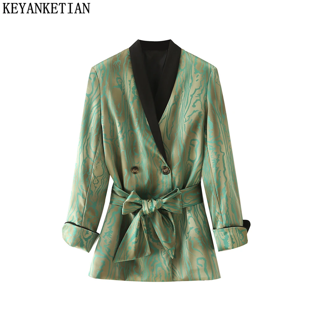 

KEYANKETIAN Ladies Ripple Print Double Breasted Satin Suit Spring and Autumn New Retro Style Slim Fit Mid Length Female Top
