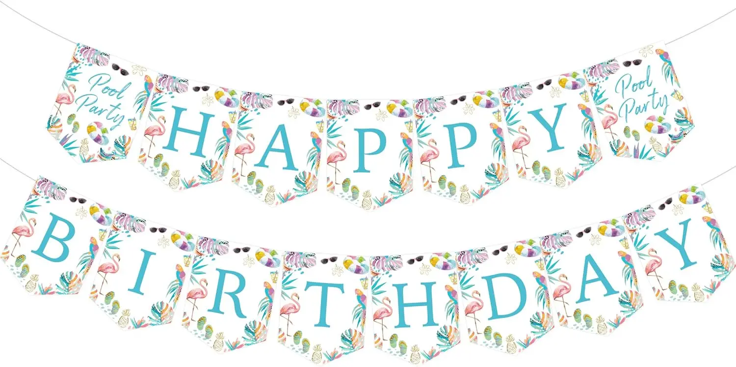 

Happy Birthday Banner, Swimming Bunting Garland,Tropical Flamingo, Hawaiian Beach, Birthday Party Decor, Summer