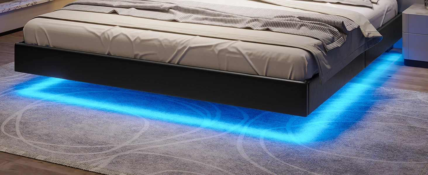 Description Picture 3 of itemQueen Floating Bed Frame with Storage Headboard and LED Lights Queen Size Visual Floating LED Bed Frame with Type-C & USB Port