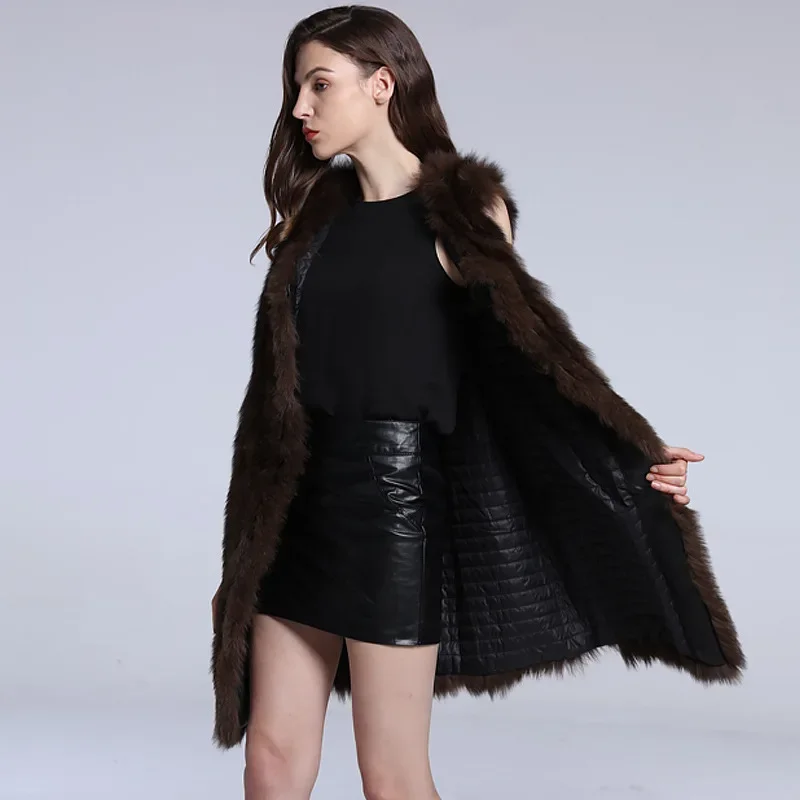 Deep Coffee Fur Vest Coat Women's Long Thickened Autumn and Winter Fox Hair Vest Canvas Shoulder Down Cotton