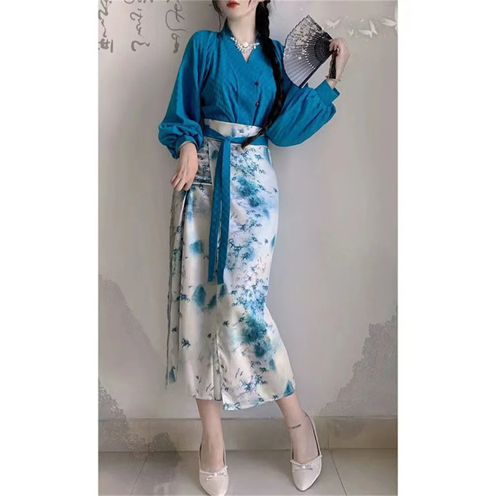 

Spring new Chinese style Han elements improved Ming Hanfu blue dress children tea wear two-piece set