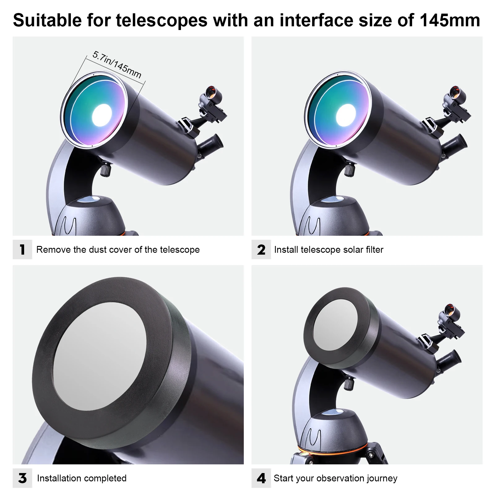 127SLT 145mm 태양광 차단 망원경 필터, 태양광 안전 필름이 있는 안전 장치와 호환 가능, 카메라 렌즈, 태양 또는 태양자국 관찰용