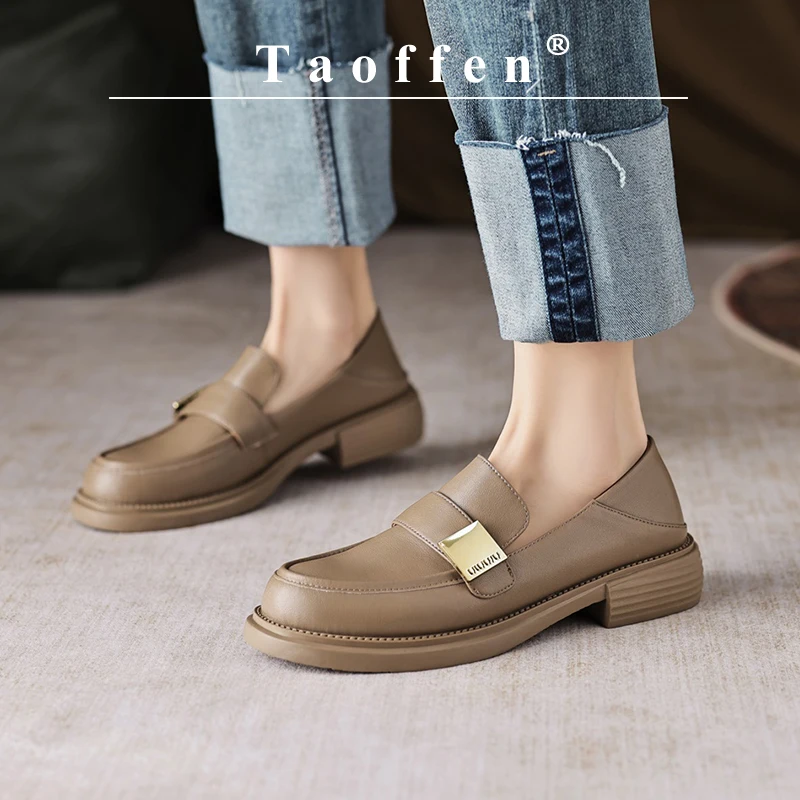 

Taoffen Casual Women's Loafers Genuine Leather Square Heel Thick Sole Anti-slip Fashion Metal Decoration Round toe Slip-On Shoes