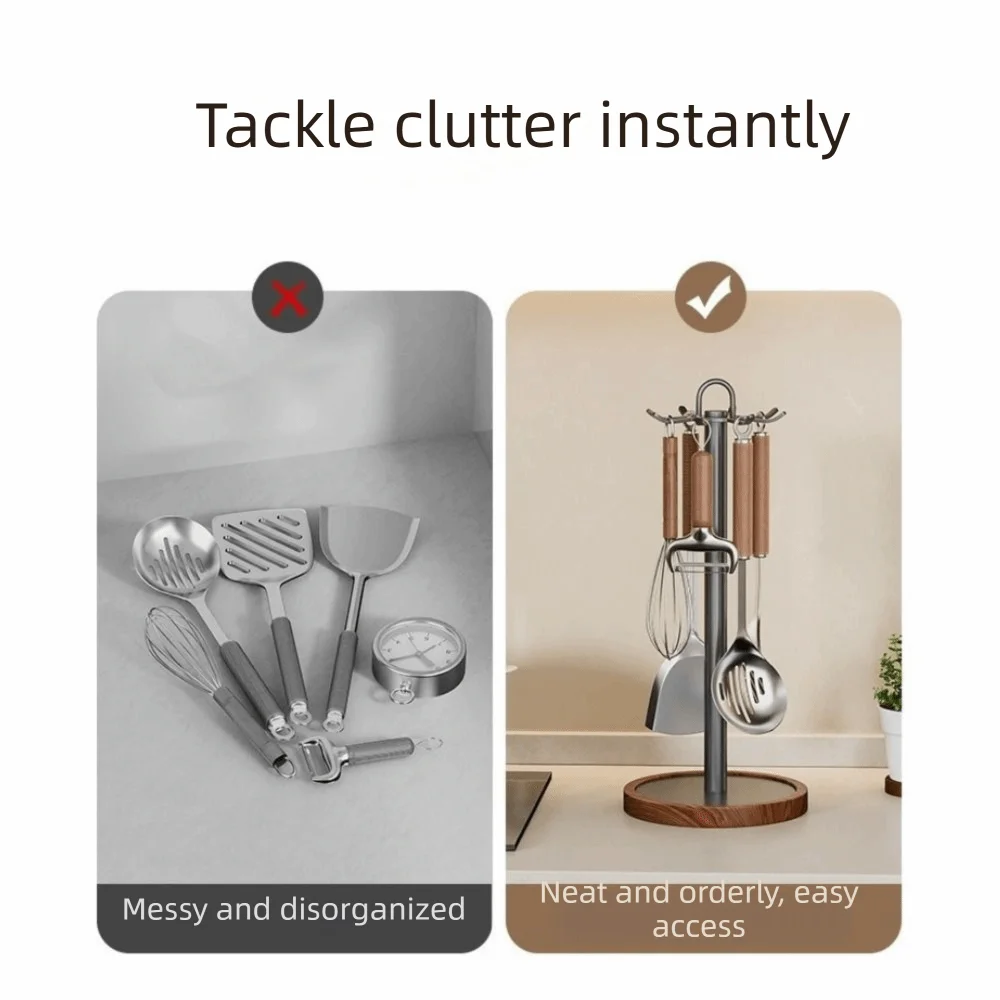 8 Hooks Rotating Spatula Rack Movable Space Saving Cooking Utensils Holder Stable Base Anti Slip Spoon Hanging Rack Countertop