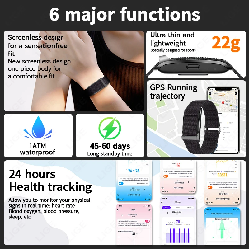 LIGE No Screen Bluetooth Smart Watch Heart Rate Blood Oxygen 24H Health Tracking Smartwatch Fitness Activity Tracker Watches