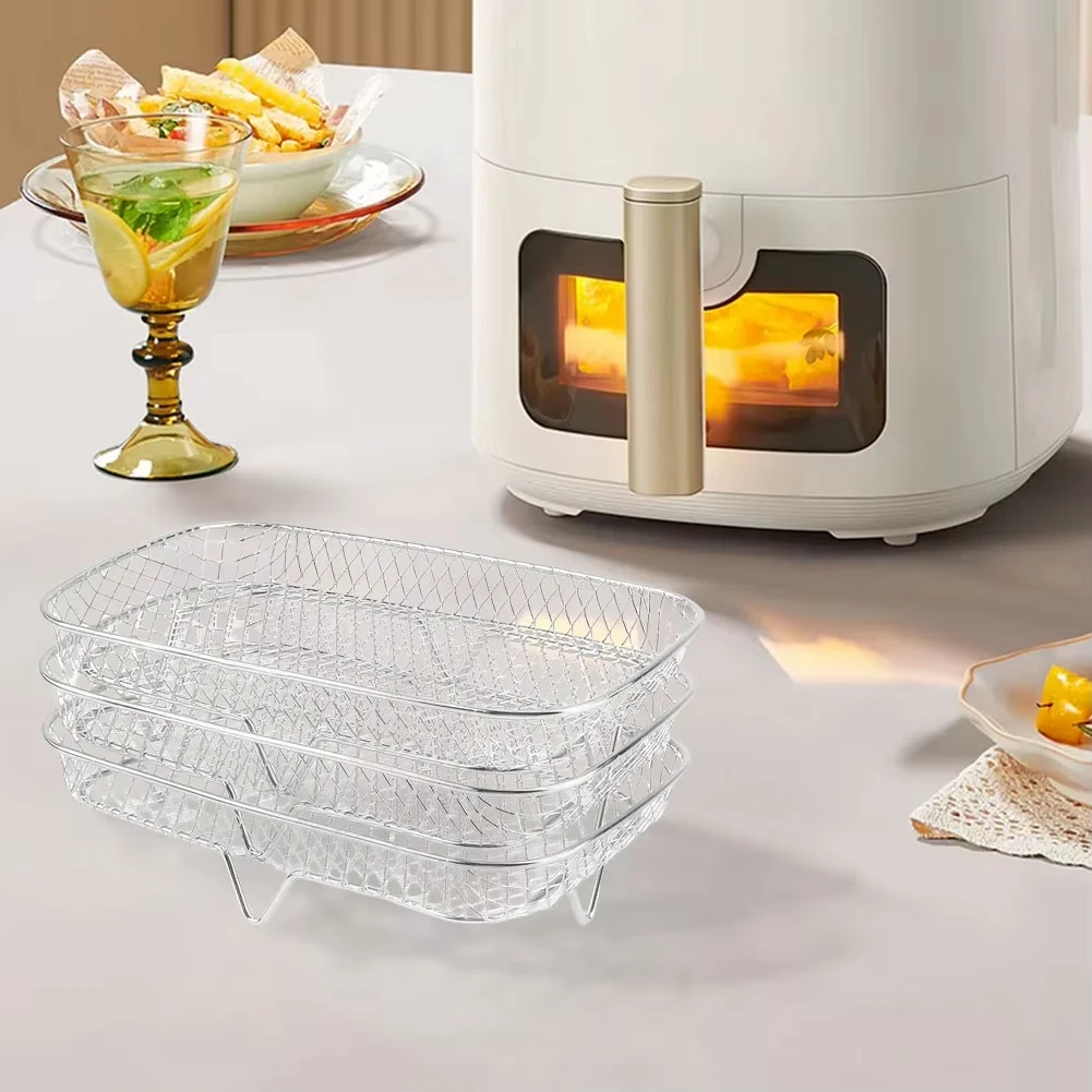 Air Fryer Rack 1/2/3pcs Air Fryer Rack Stackable Grilling Stainless Steel Square For Oven Grill Steamer Cooker BBQ Kitchen Gadgets Cooking Tool
