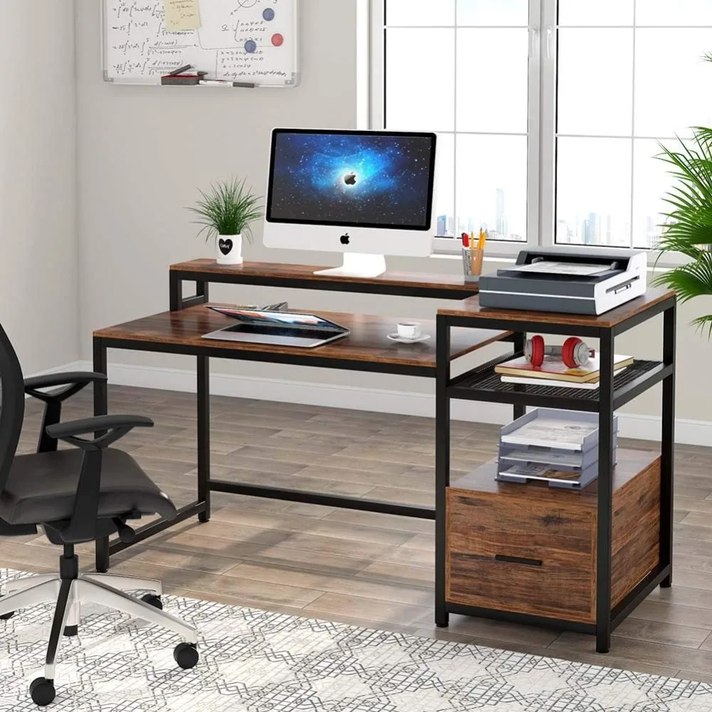 

Computer desk with storage rack, 59 inch office desk, computer desk, study and writing desk, with file drawers and display rack