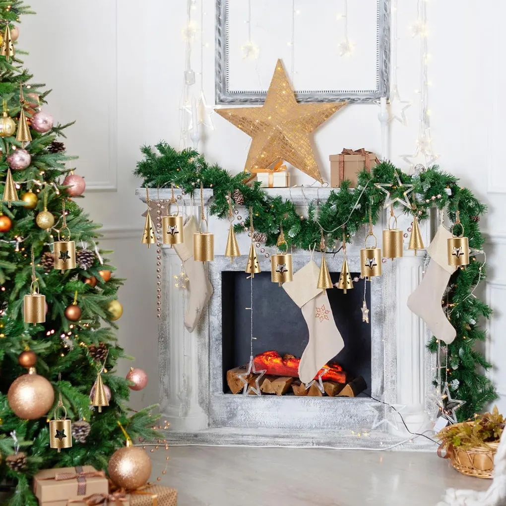 Description Picture 4 of item10PCS Christmas Ornament Bells Conical Barrel Shaped Retro Gold wind Chimes Wall Hanging Christmas Decoration Bell New Year Gift