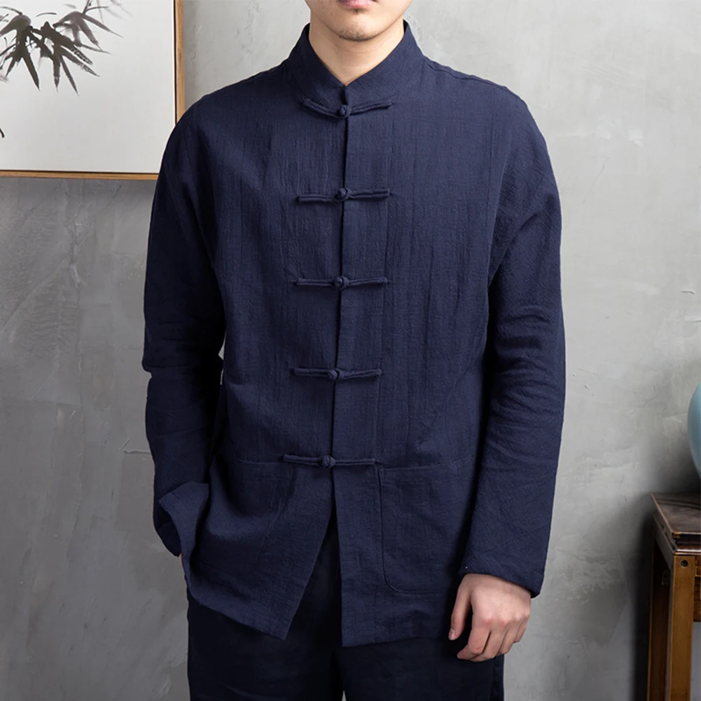 Men Chinese Traditional Kung Fu Tai Chi Coat Tang Suit Uniform Jacket Clothing Long Sleeve Blouse Retro Shirt Button Up Hanfu for chinese dress