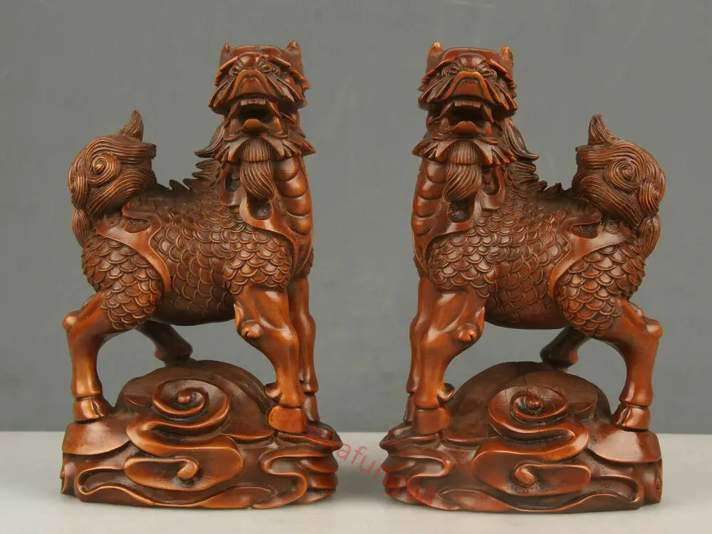 Chinese Exquisite Hand-carved Kirin Carving Boxwood statue 2pcs 2