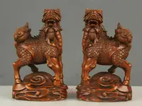 Chinese Exquisite Hand-carved Kirin Carving Boxwood statue 2pcs 2