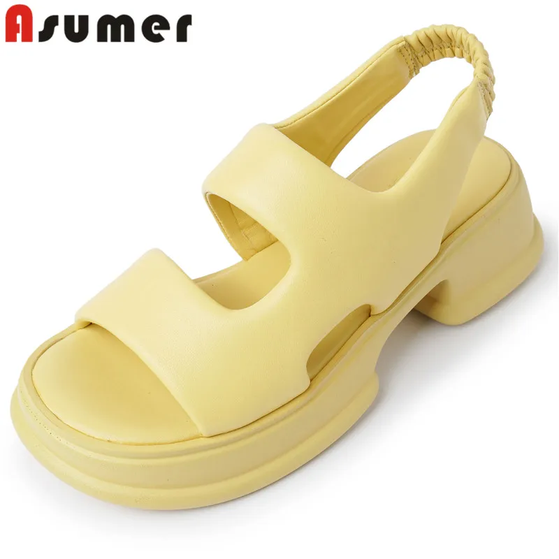 

ASUMER 2023 New Ladies Casual Summer Shoes Sheepskin Elastic Band Sandals Woman Square Med Heels Platform Sandals